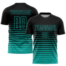 Load image into Gallery viewer, Custom Black Aqua Pinstripe Fade Fashion Sublimation Soccer Uniform Jersey