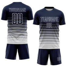 Load image into Gallery viewer, Custom Navy White Pinstripe Fade Fashion Sublimation Soccer Uniform Jersey