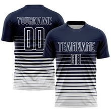 Load image into Gallery viewer, Custom Navy White Pinstripe Fade Fashion Sublimation Soccer Uniform Jersey