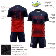 Load image into Gallery viewer, Custom Navy Red Pinstripe Fade Fashion Sublimation Soccer Uniform Jersey