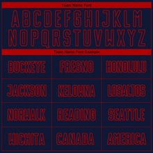 Load image into Gallery viewer, Custom Navy Red Pinstripe Fade Fashion Sublimation Soccer Uniform Jersey