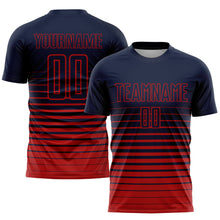 Load image into Gallery viewer, Custom Navy Red Pinstripe Fade Fashion Sublimation Soccer Uniform Jersey