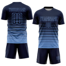 Load image into Gallery viewer, Custom Navy Light Blue Pinstripe Fade Fashion Sublimation Soccer Uniform Jersey