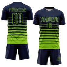Load image into Gallery viewer, Custom Navy Neon Green Pinstripe Fade Fashion Sublimation Soccer Uniform Jersey