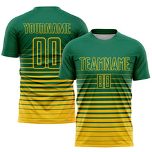 Load image into Gallery viewer, Custom Kelly Green Yellow Pinstripe Fade Fashion Sublimation Soccer Uniform Jersey