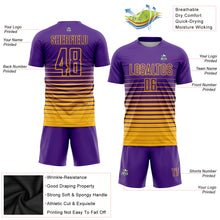 Load image into Gallery viewer, Custom Purple Gold Pinstripe Fade Fashion Sublimation Soccer Uniform Jersey