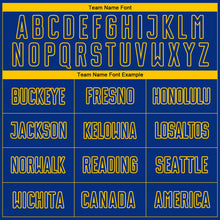 Load image into Gallery viewer, Custom Royal Yellow Pinstripe Fade Fashion Sublimation Soccer Uniform Jersey