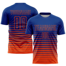 Load image into Gallery viewer, Custom Royal Orange Pinstripe Fade Fashion Sublimation Soccer Uniform Jersey