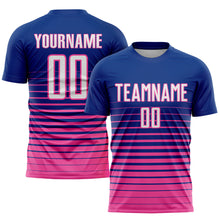 Load image into Gallery viewer, Custom Royal White-Pink Pinstripe Fade Fashion Sublimation Soccer Uniform Jersey