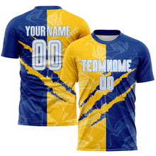 Load image into Gallery viewer, Custom Graffiti Pattern White Royal Yellow-Light Blue Scratch Sublimation Soccer Uniform Jersey