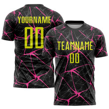 Load image into Gallery viewer, Custom Black Neon Yellow-Pink Sublimation Soccer Uniform Jersey