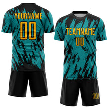 Load image into Gallery viewer, Custom Teal Gold Black Sublimation Soccer Uniform Jersey