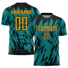 Load image into Gallery viewer, Custom Teal Gold Black Sublimation Soccer Uniform Jersey