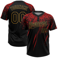 Load image into Gallery viewer, Custom Black Black Red-Old Gold 3D Pattern Two-Button Unisex Softball Jersey