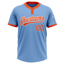 Load image into Gallery viewer, Custom Light Blue Orange-White Two-Button Unisex Softball Jersey