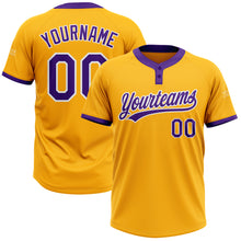 Load image into Gallery viewer, Custom Gold Purple-White Two-Button Unisex Softball Jersey