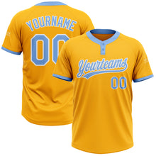 Load image into Gallery viewer, Custom Gold Light Blue-White Two-Button Unisex Softball Jersey