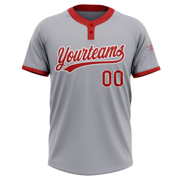 Custom Gray Red-White Two-Button Unisex Softball Jersey