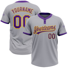 Load image into Gallery viewer, Custom Gray Purple-Gold Two-Button Unisex Softball Jersey