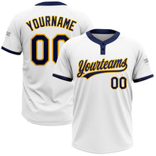 Load image into Gallery viewer, Custom White Navy-Gold Two-Button Unisex Softball Jersey