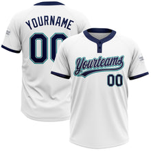Load image into Gallery viewer, Custom White Navy Gray-Teal Two-Button Unisex Softball Jersey