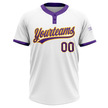 Load image into Gallery viewer, Custom White Purple-Gold Two-Button Unisex Softball Jersey