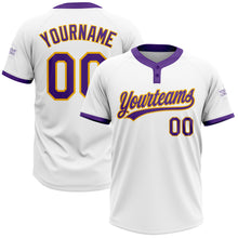 Load image into Gallery viewer, Custom White Purple-Gold Two-Button Unisex Softball Jersey