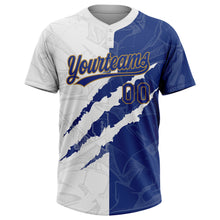 Load image into Gallery viewer, Custom Graffiti Pattern Royal-Old Gold 3D Two-Button Unisex Softball Jersey