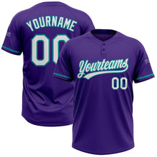 Load image into Gallery viewer, Custom Purple White-Teal Two-Button Unisex Softball Jersey