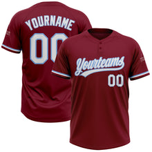 Load image into Gallery viewer, Custom Crimson White-Light Blue Two-Button Unisex Softball Jersey