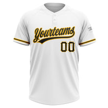 Load image into Gallery viewer, Custom White Black-Gold Two-Button Unisex Softball Jersey