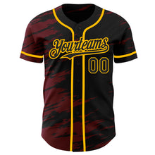 Load image into Gallery viewer, Custom Black Crimson Splash Ink Gold Authentic Baseball Jersey