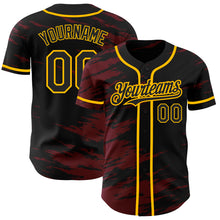 Load image into Gallery viewer, Custom Black Crimson Splash Ink Gold Authentic Baseball Jersey