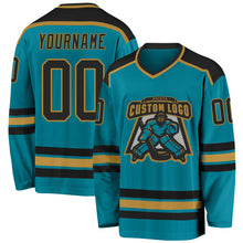 Load image into Gallery viewer, Custom Teal Black-Old Gold Hockey Jersey