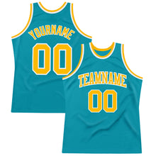 Load image into Gallery viewer, Custom Teal Gold-White Authentic Throwback Basketball Jersey