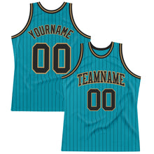 Load image into Gallery viewer, Custom Teal Black Pinstripe Black-Old Gold Authentic Basketball Jersey