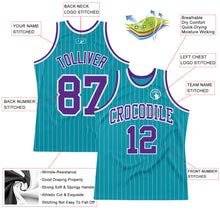 Load image into Gallery viewer, Custom Teal White Pinstripe Purple Authentic Basketball Jersey