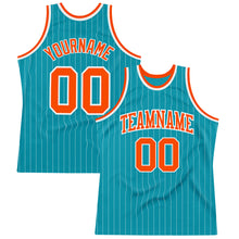 Load image into Gallery viewer, Custom Teal White Pinstripe Orange Authentic Basketball Jersey