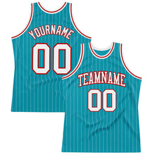 Load image into Gallery viewer, Custom Teal White Pinstripe White-Red Authentic Basketball Jersey