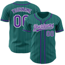 Load image into Gallery viewer, Custom Teal White Pinstripe Purple Authentic Baseball Jersey