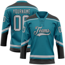 Load image into Gallery viewer, Custom Teal Gray-Black Hockey Lace Neck Jersey