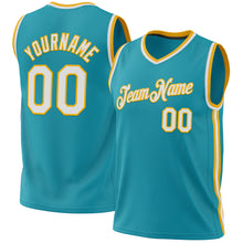Load image into Gallery viewer, Custom Teal White-Gold Authentic Throwback Basketball Jersey