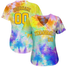 Load image into Gallery viewer, Custom Tie Dye Gold-Purple 3D Authentic Baseball Jersey