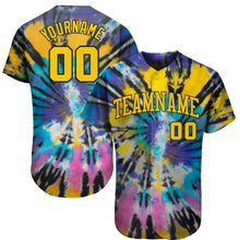 Load image into Gallery viewer, Custom Tie Dye Gold-Black 3D Authentic Baseball Jersey