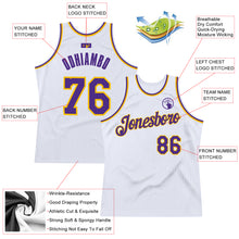 Load image into Gallery viewer, Custom White Purple-Gold Authentic Throwback Basketball Jersey