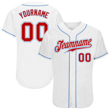 Load image into Gallery viewer, Custom White Red-Light Blue Authentic Baseball Jersey