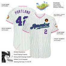 Load image into Gallery viewer, Custom White Kelly Green Pinstripe Purple-Pink Authentic Baseball Jersey