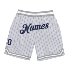 Load image into Gallery viewer, Custom White Navy Pinstripe Navy-Gray Authentic Basketball Shorts