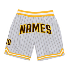 Load image into Gallery viewer, Custom White Brown Pinstripe Brown-Gold Authentic Basketball Shorts