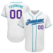Load image into Gallery viewer, Custom White Purple-Teal Authentic Baseball Jersey
